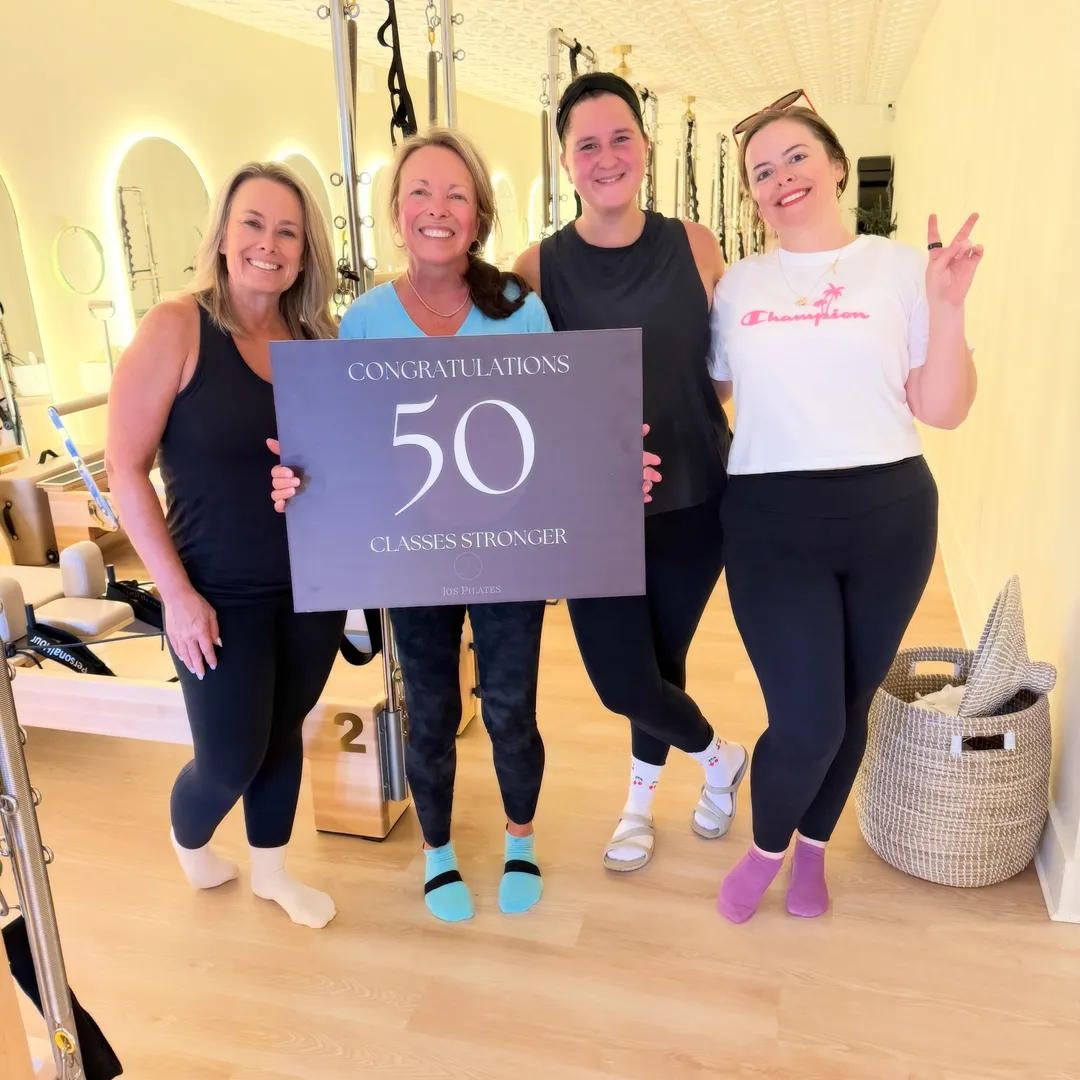 Jo's Pilates Instagram post: 50 classes strong! 🤍 So proud of you and all you’ve accomplished, Deanna.

And even better? A community that shows up, 