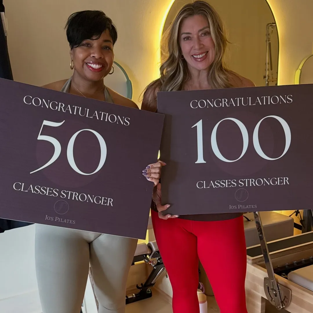 Jo's Pilates Instagram post: So many milestones to celebrate today! 🎉💕
Shirl and Lauren hit 50 FLOWS 💪 and Carmen reached an incredible 100 FLOWS