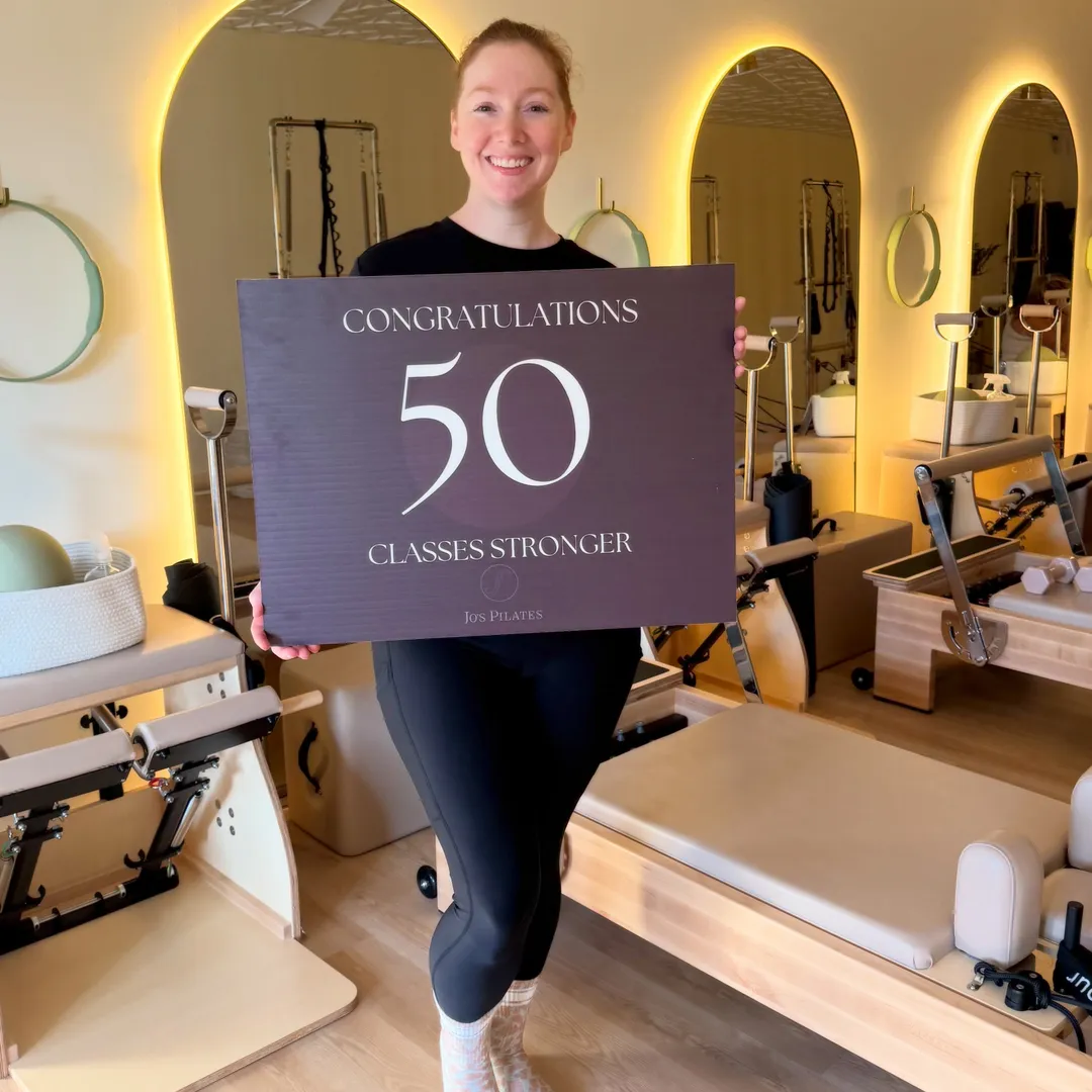 Jo's Pilates Instagram post: Congrats, Jenny, on your 50th flow! 🎉
Here’s to the next 50! #lakewylie #lakewyliepilates #milestonemonday #pilates